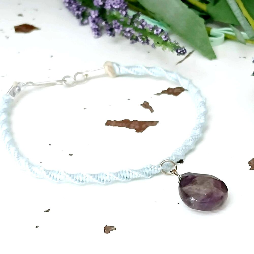 Amethyst Macrame Crystal Charm Bracelet, Dainty Boho Chic Pastel